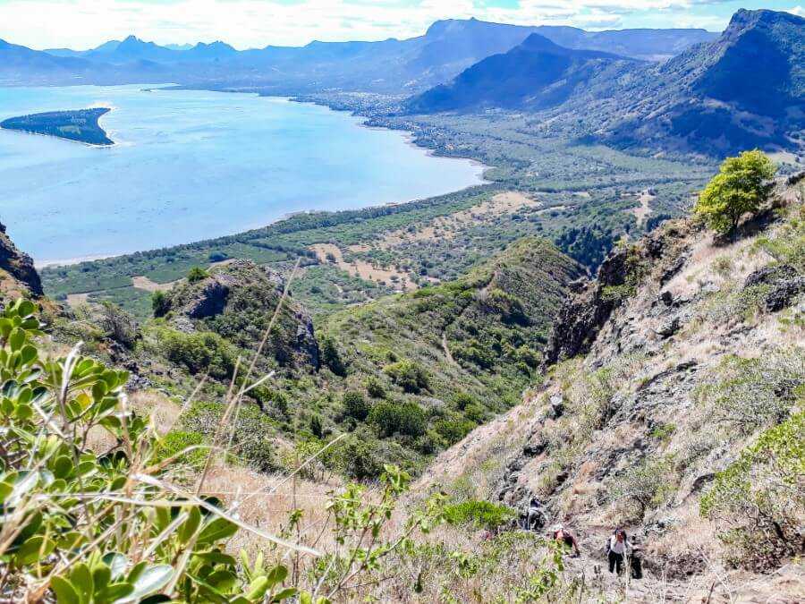 view of mountains and island from the summit of Le Morne Brabant in Mauritius