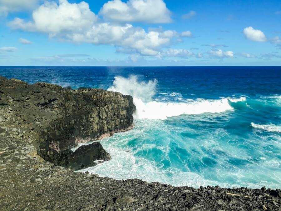 Strong waves crashing against the cliffs at Le Souffleur in Mauritius