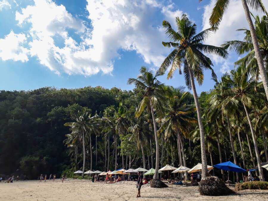 Palm trees and colorful umbrellas on Crystal Bay in Nusa Penida