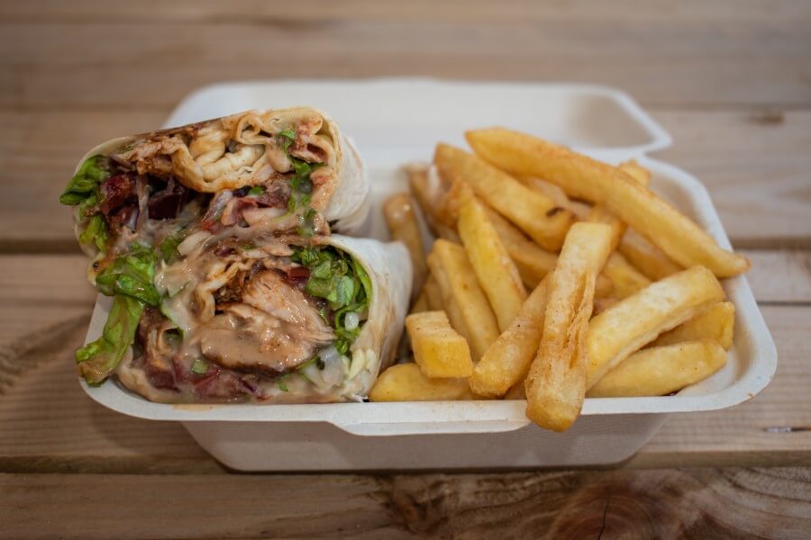 Turkish wrap with fries at The Food Factory, best place to eat in Grand Baie on a budget