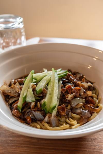handmade noodles with pork and veggies
