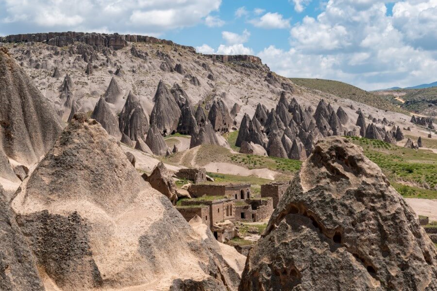 view of sharp rock formations at Selime Cathedral