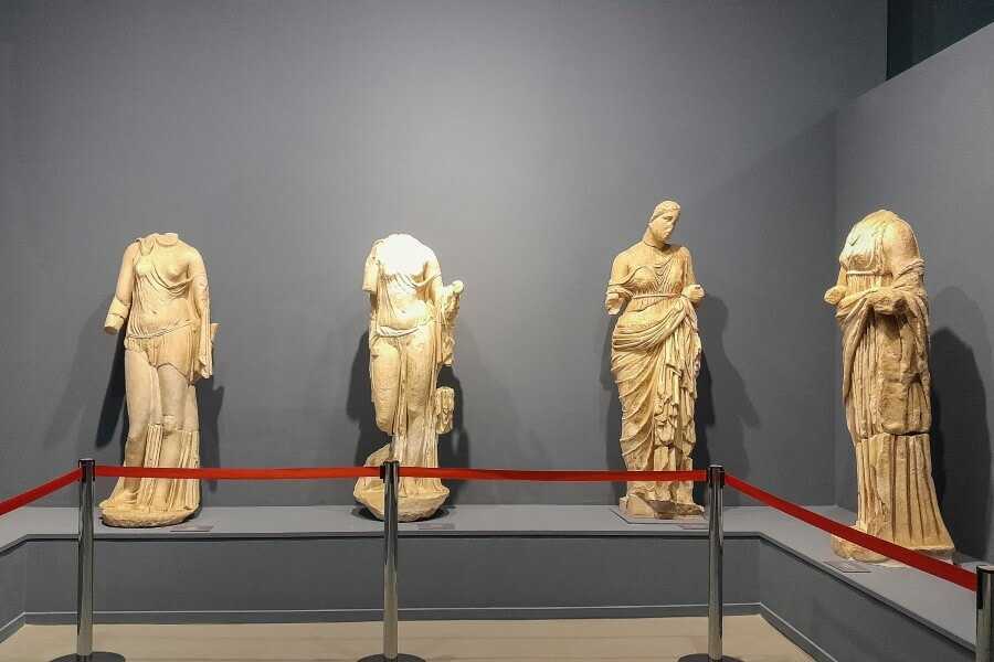 4 marble statues on display at Ephesus Museum Turkey