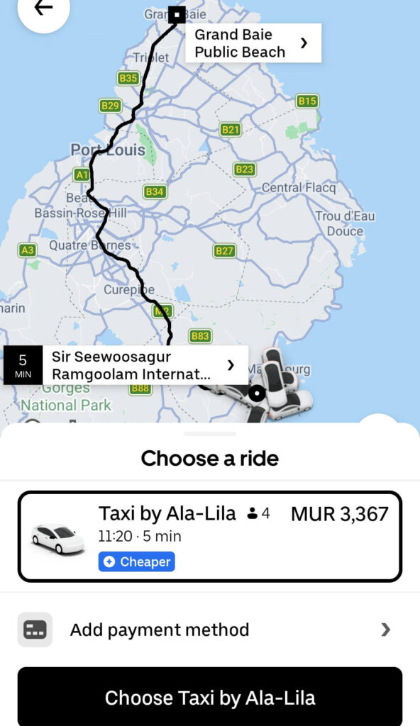 price of uber from mauritius airport to grand baie