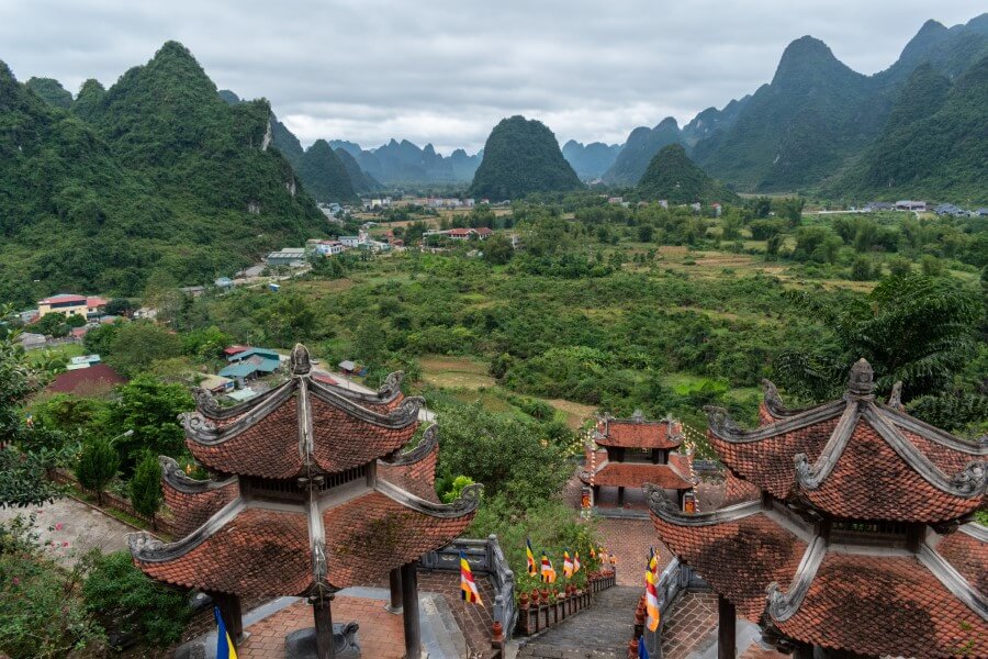 view of mountains from Chua Phat Tich Truc Lam Temple in Cao Bang Vietnam